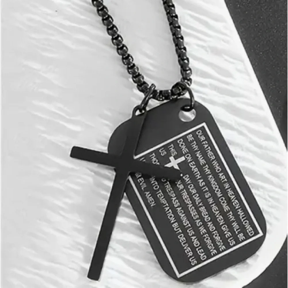 Dog Tags Style Stainless Steel Engraved Scripture Cross Pendant Necklace NWT